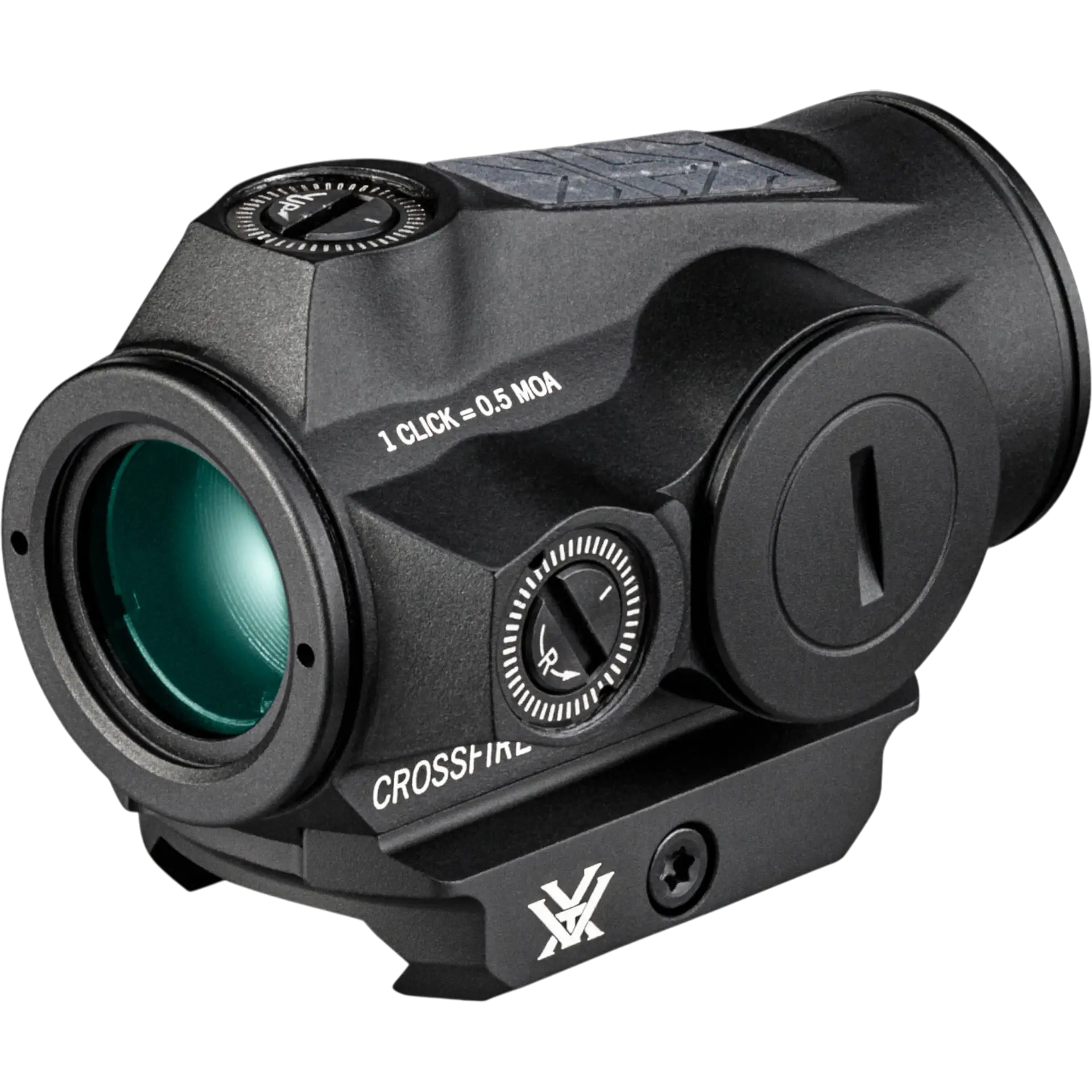 Seitenansicht des Vortex Crossfire Red Dot Visiers mit justierbaren Türmen und Montage, kompaktes Leuchtpunktzielgerät für Waffen und Luftgewehre