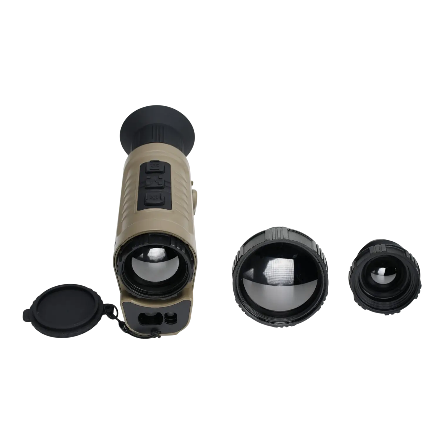 Zentron ZEN M6 Pro TAN Wärmebild-Monokular in sandfarben mit drei werkzeuglos wechselbaren 25/35/50-mm-Objektiven, 640×512 VOx-Sensor und integriertem Laser-Entfernungsmesser bis 1.200 m, frontal nebeneinander angeordnet