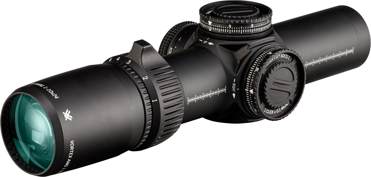 Schwarzes Vortex Zielfernrohr AMG 1-10x24 mit grün vergüteter Frontlinse, Vergrößerungsring und präzisen seitlichen sowie oberen Einstelltürmen für Sportschützen und Jäger