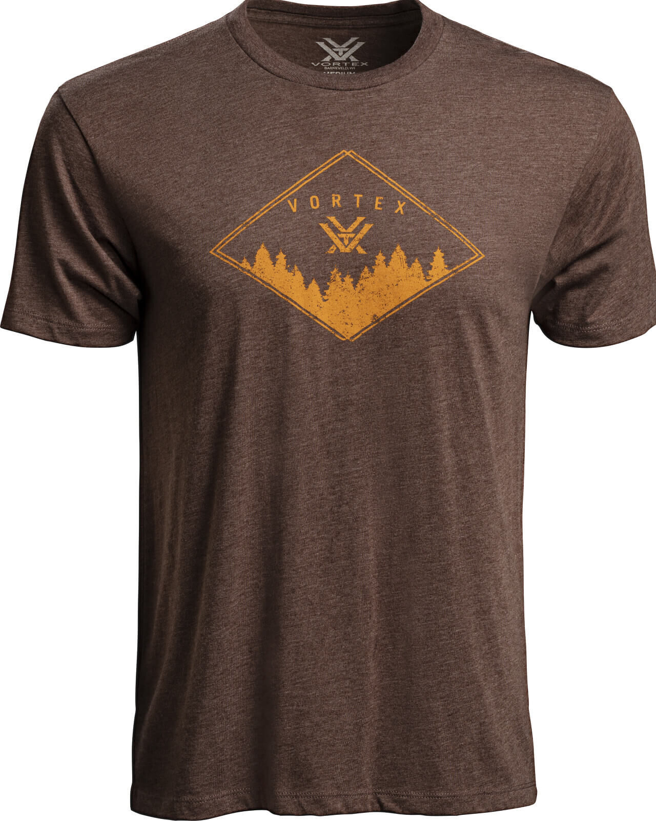 Braunes T-Shirt mit gelbem Waldmotiv und Vortex-Schriftzug