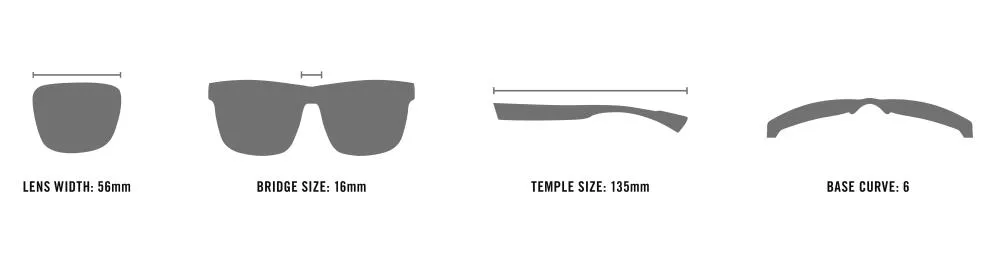 Diagramm mit Sonnenbrillenmaßen: Glasbreite 56mm, Stegbreite 16mm, Bügellänge 135mm, Basiskurve 6.