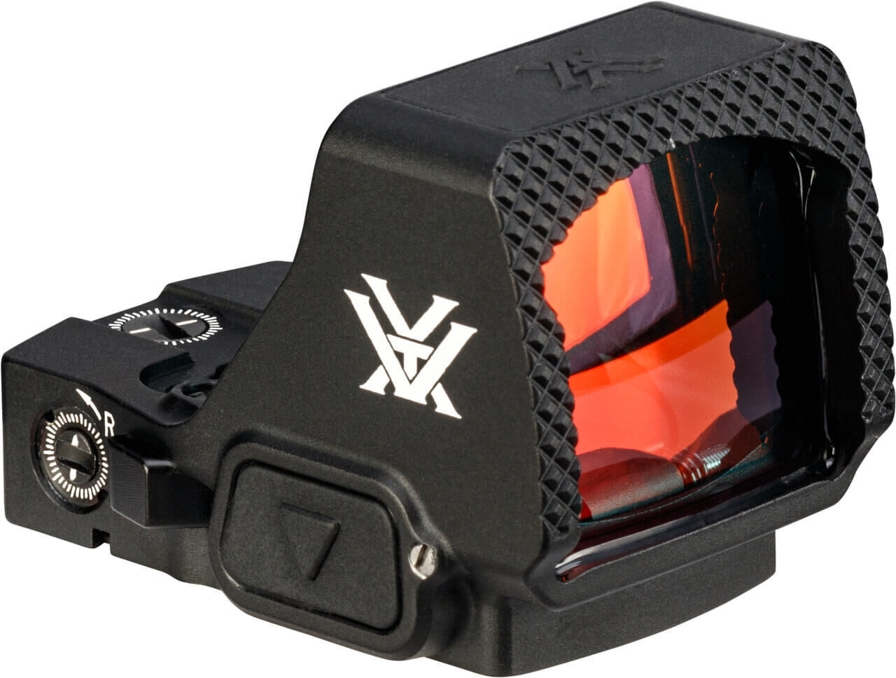 Nahaufnahme eines taktischen Reflexvisiers mit markantem schwarzen Design und einer roten Linse, ideal für präzise Zielerfassung