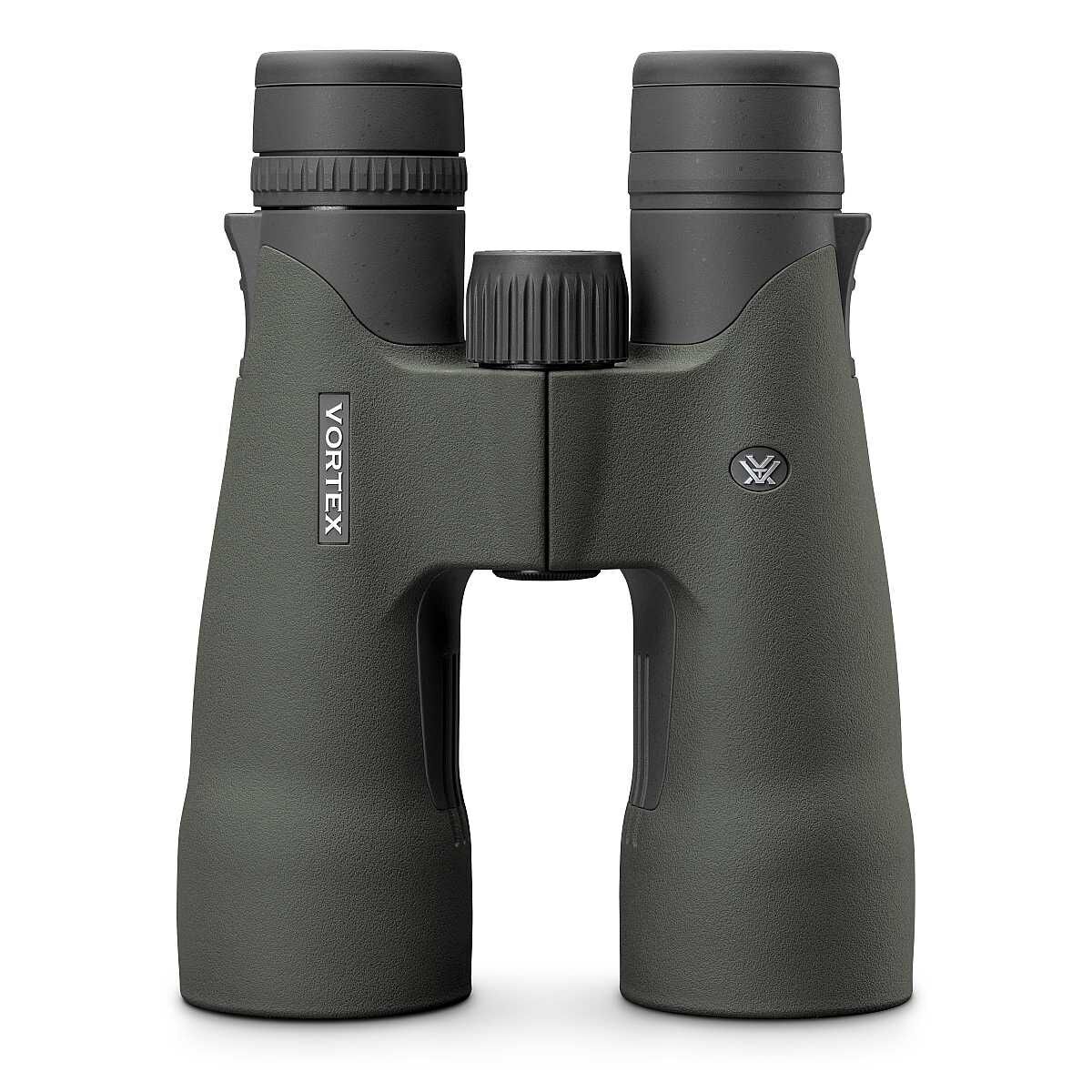 Vorderansicht eines robusten Fernglases mit ergonomischem Griff im dunkelgrünen Gehäuse