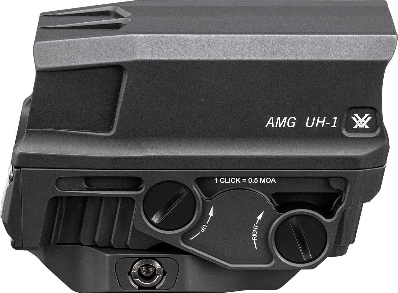 Nahaufnahme des Vortex AMG UH-1 holografischen Visiers, seitliche Ansicht mit Justierungsdetails