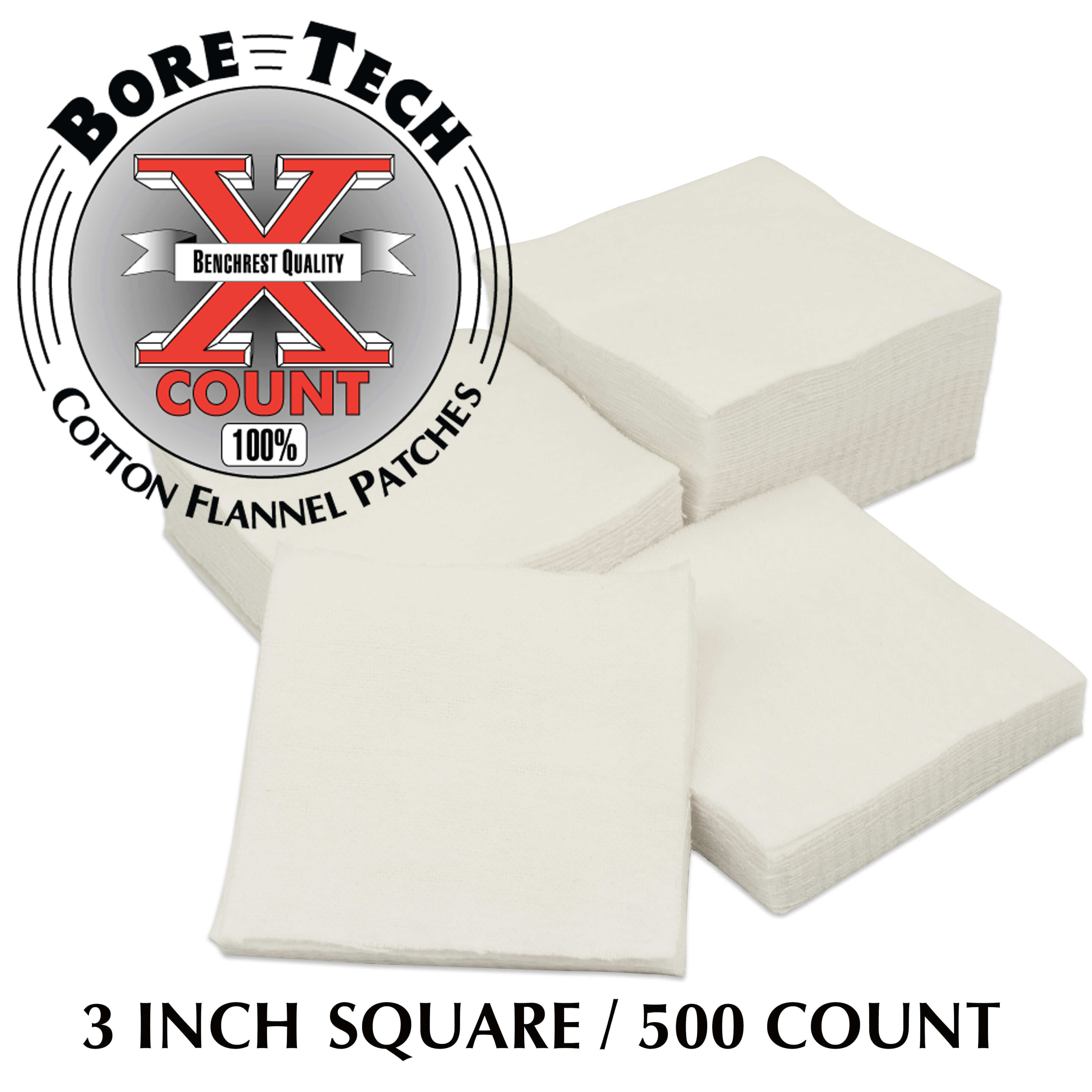 Ein Stapel Bore Tech Baumwollflanelltücher, 3 Zoll quadratisch, 500 Stück, mit Bore Tech Logo und Beschriftung '100% Bankrest Qualität'.