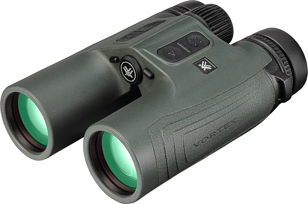 Grünes Vortex Fernglas mit integriertem Laser-Entfernungsmesser, strukturiertem Gummigehäuse und grün vergüteten Objektiven für Jagd und Outdoor