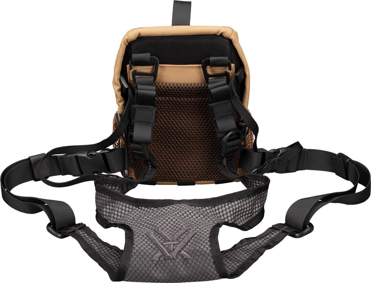 Ein ergonomischer Brustgurt mit verstellbaren Riemen für Outdoor-Aktivitäten, gezeigt von vorne.