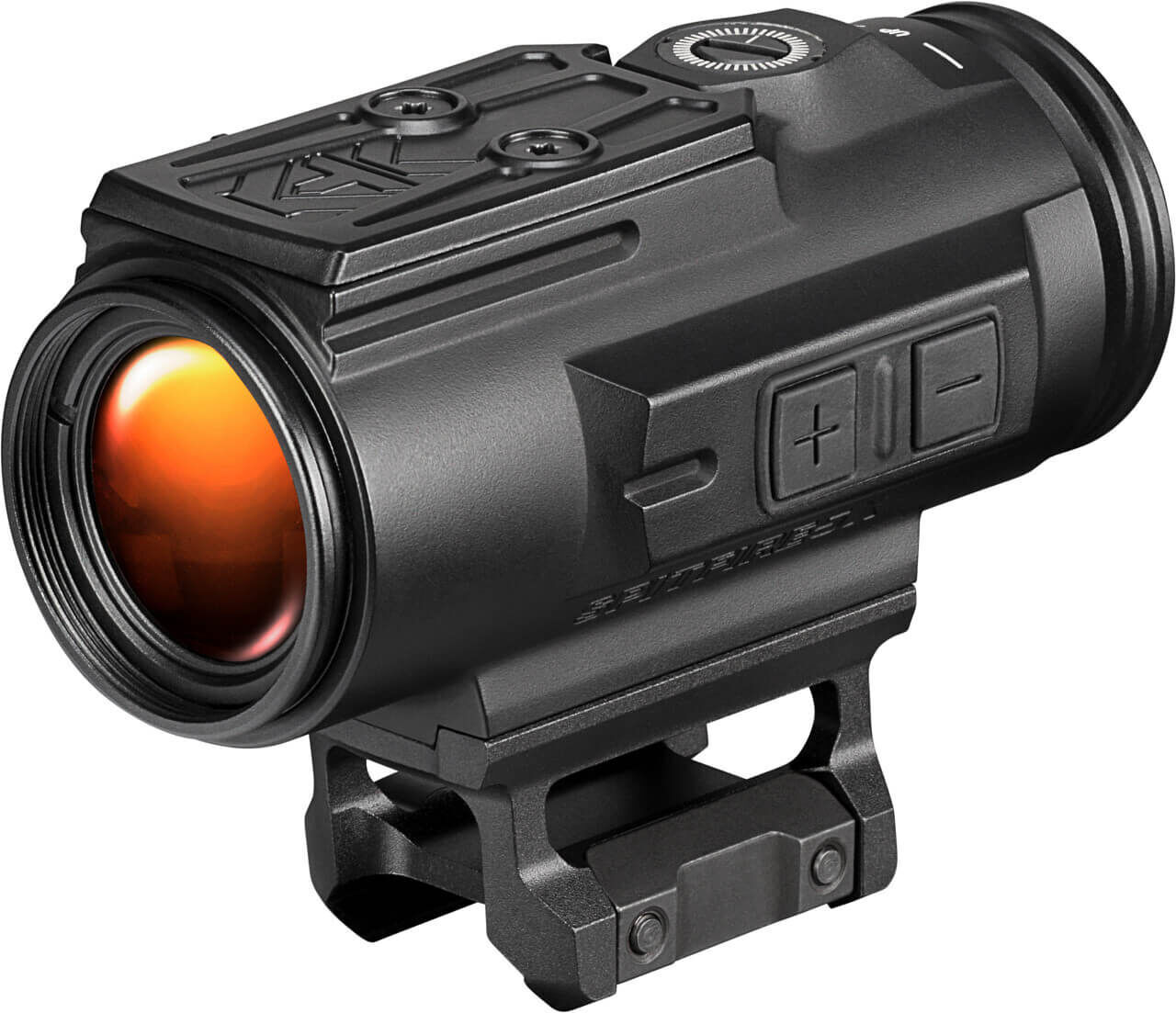 Ein digitales Zielfernrohr mit rotem Objektiv und Einstelltasten für Zoom und Fokus. Ideal für präzises Zielen im Outdoor-Einsatz.