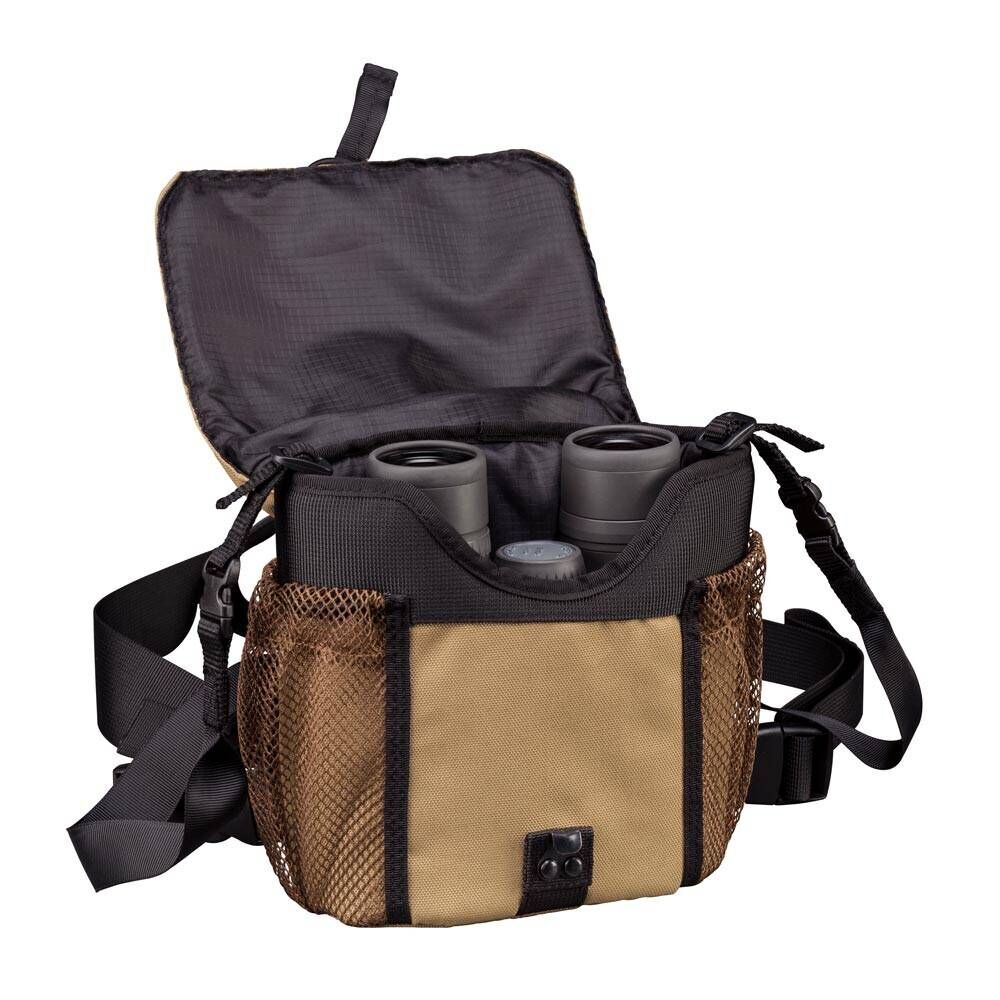 Beige und schwarze Tragetasche mit Ferngläsern, offen zur Ansicht.