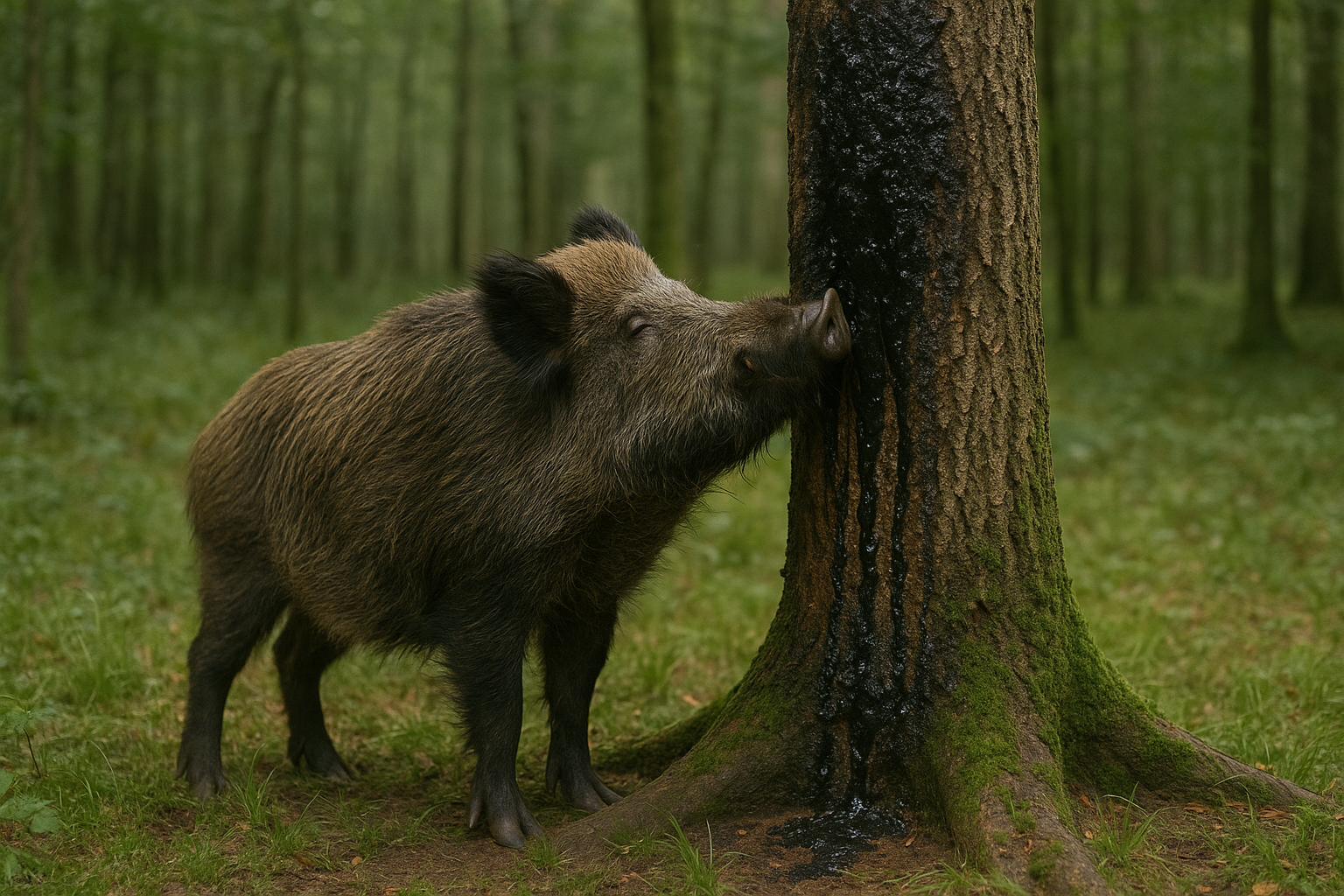 Ein Wildschwein steht im grünen Wald und reibt seinen Kopf an einem Baumstamm