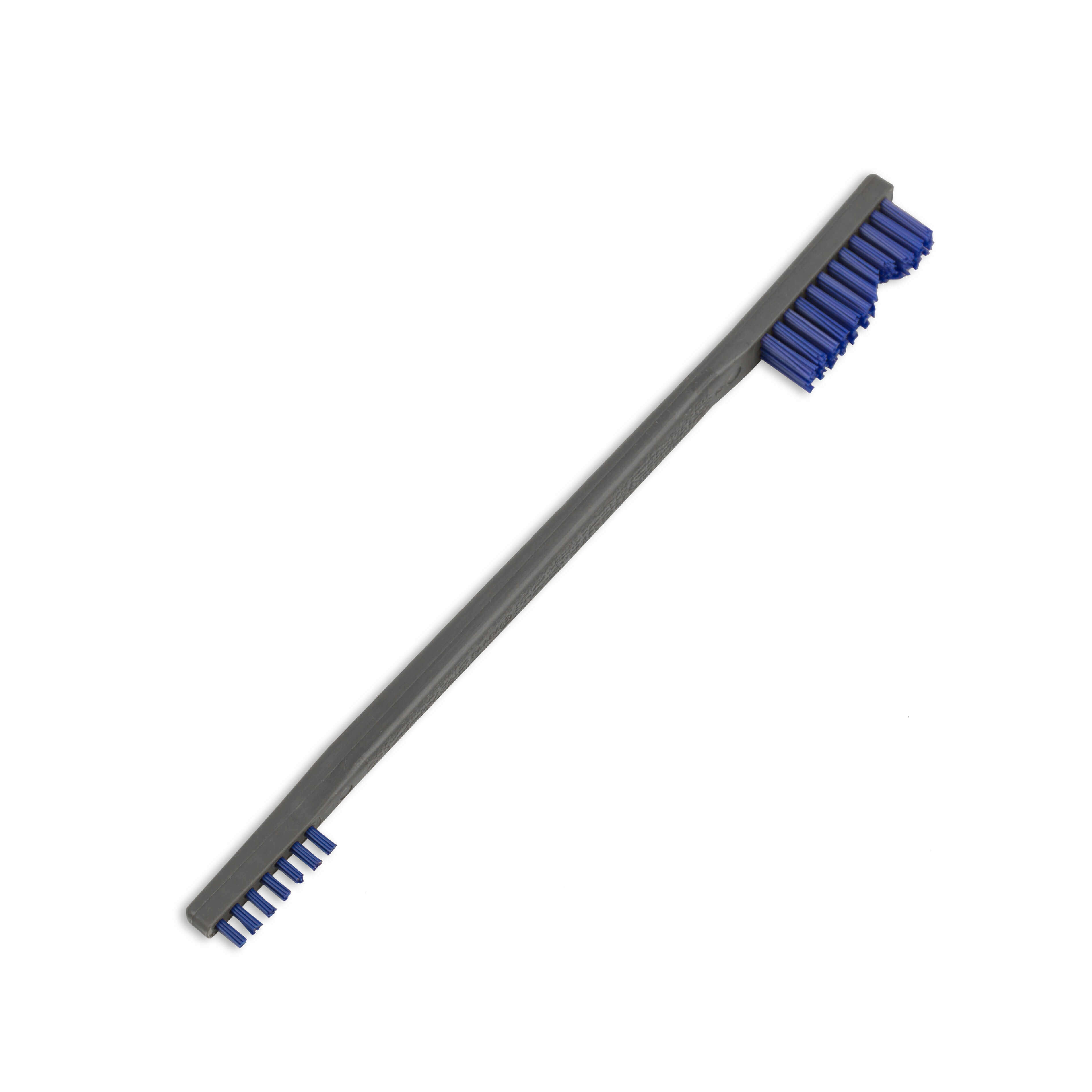 Eine graue Reinigungsbürste mit blauen Borsten und einem langen Griff, ideal zum Reinigen schwer zugänglicher Stellen.