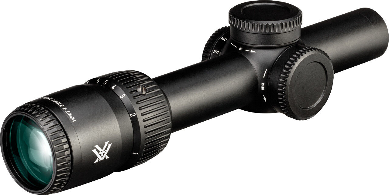 Schwarzes Vortex Strike Eagle 1-10x24 Zielfernrohr mit großen Verstelltürmen und beleuchteter Optik für Präzisionsschüsse