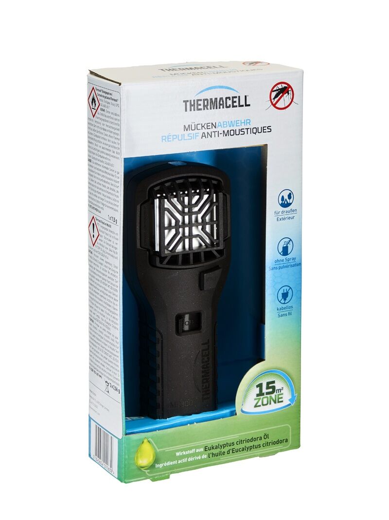 Verpackung des Thermacell MR300 tragbaren Mückenschutzgeräts mit Eukalyptusöl, kabellos für den Außeneinsatz und bis zu 15 m² Schutzbereich