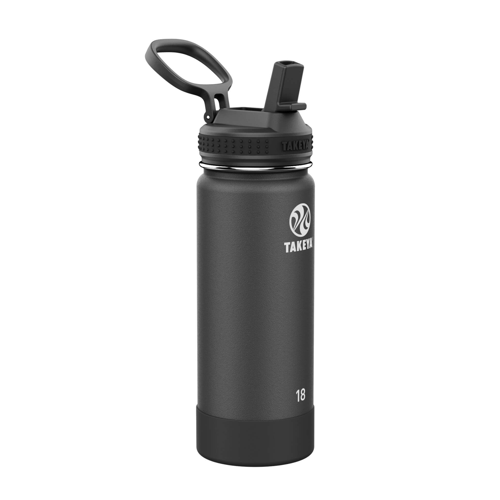 Graue Edelstahlflasche mit Sportdeckel und Tragegriff, ideal für unterwegs und Outdoor-Aktivitäten.