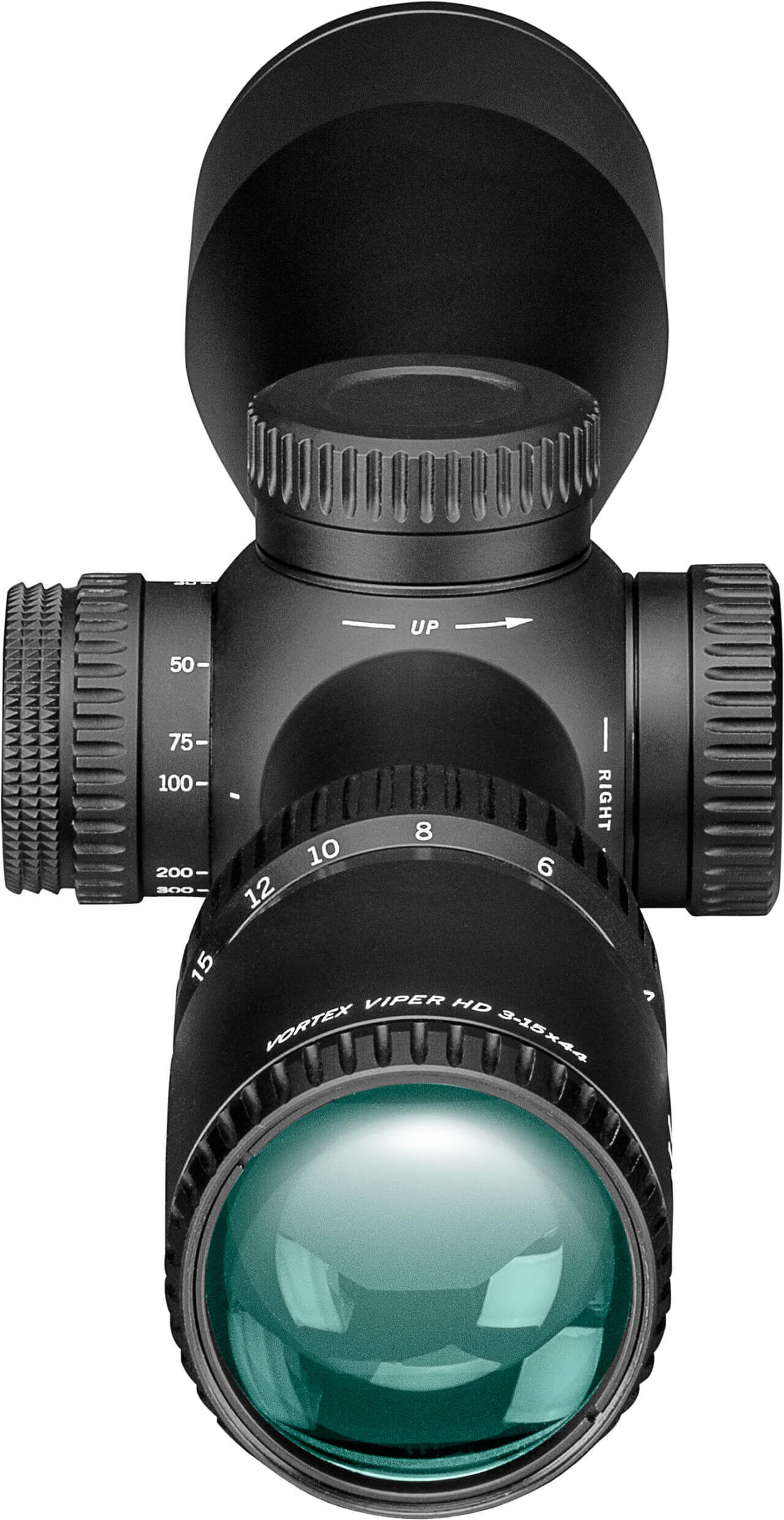 Nahaufnahme eines Vortex Viper HD Zielfernrohrs mit fokussierbaren Linsen und Justierungsrädern