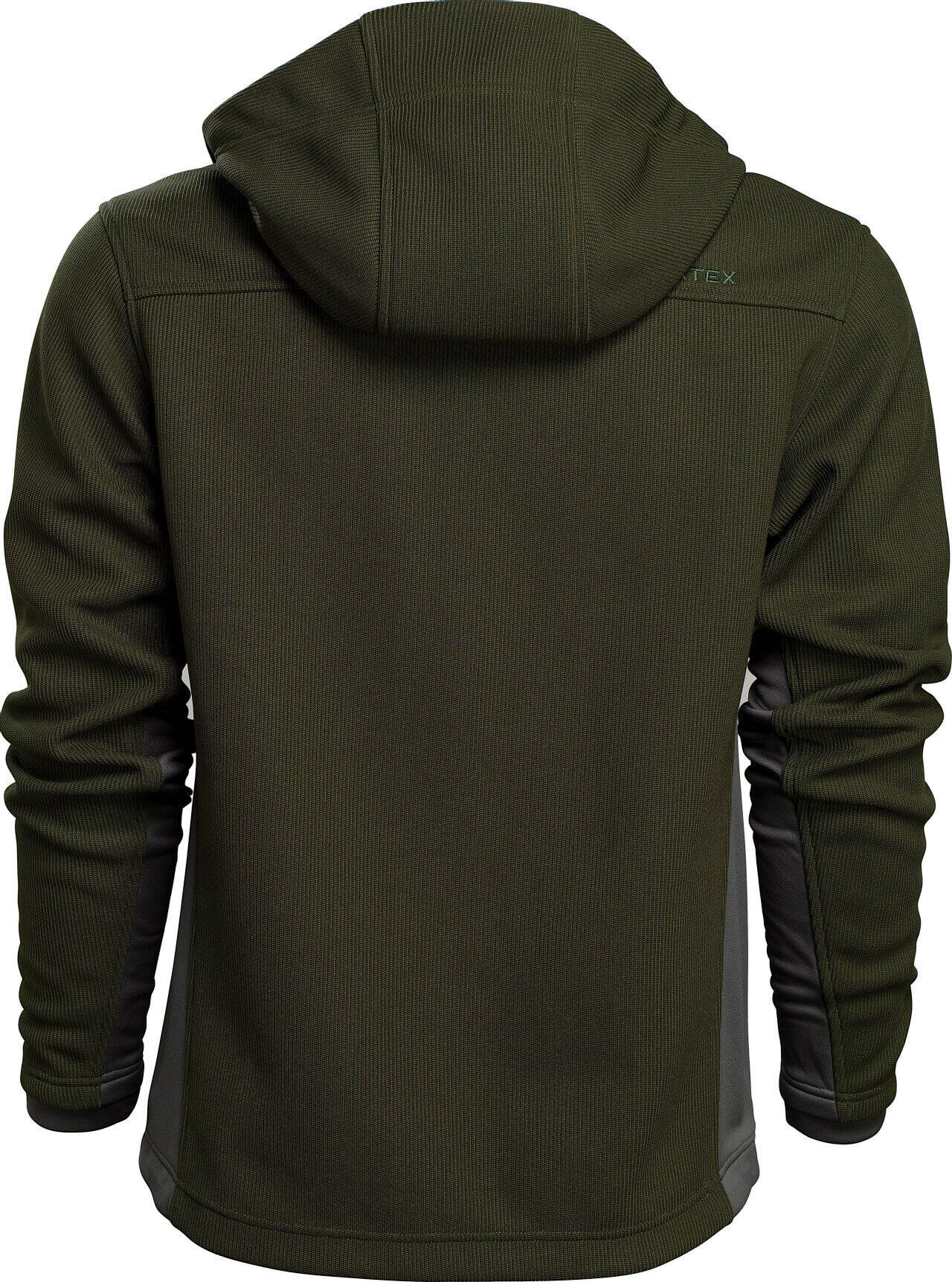 Rückansicht einer olivgrünen Outdoor-Jacke mit Kapuze und langem Arm