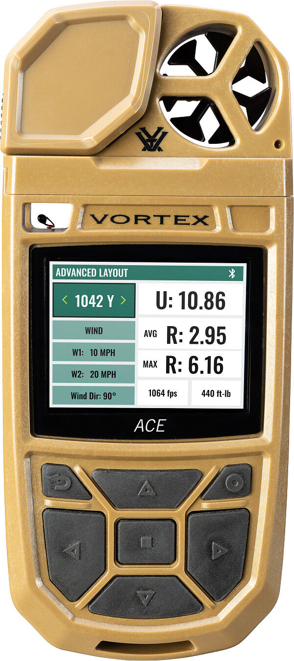 Vortex ACE tragbares ballistisches Messgerät in Sandfarbe mit großem Farbdisplay, Wind- und Geschossdatenanzeige sowie gummierten Bedientasten