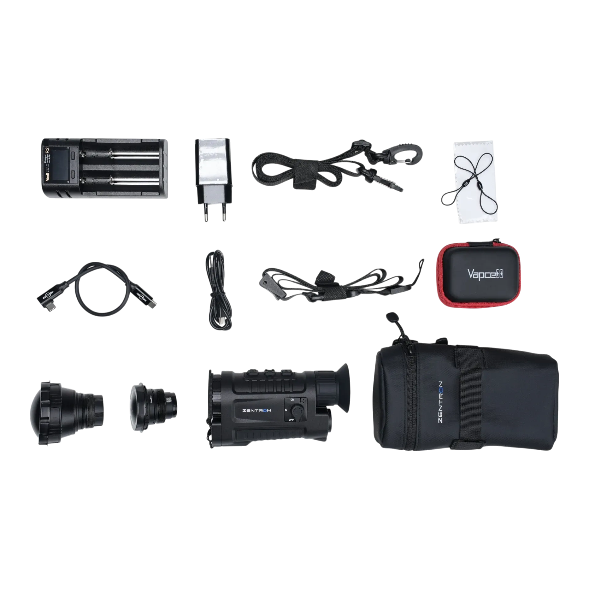 Komplettset des Zentron ZEN M6 Pro Wärmebildgeräts in Schwarz mit drei wechselbaren Objektiven 25, 35 und 50 mm, Ladegerät, Kabeln, Trageriemen, Transporttasche und Zubehör für jagdliche und outdoor Anwendungen