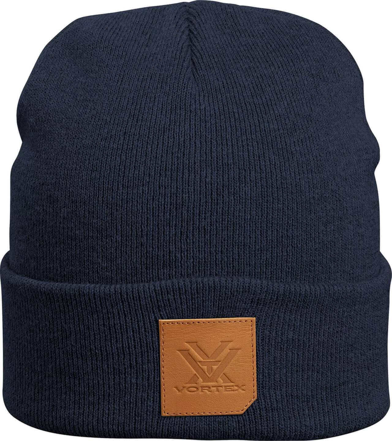 Dunkelblaue Strickmütze mit braunem Leder-Logo-Aufnäher der Marke Vortex