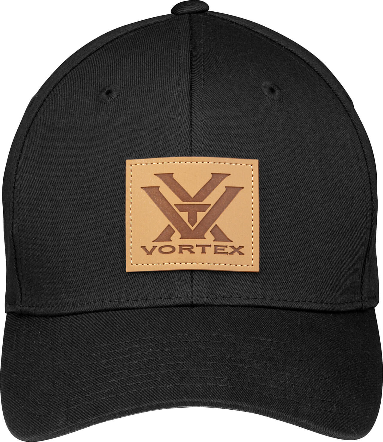 Schwarze Baseballkappe mit braunem Vortex-Logoaufnäher auf der Vorderseite