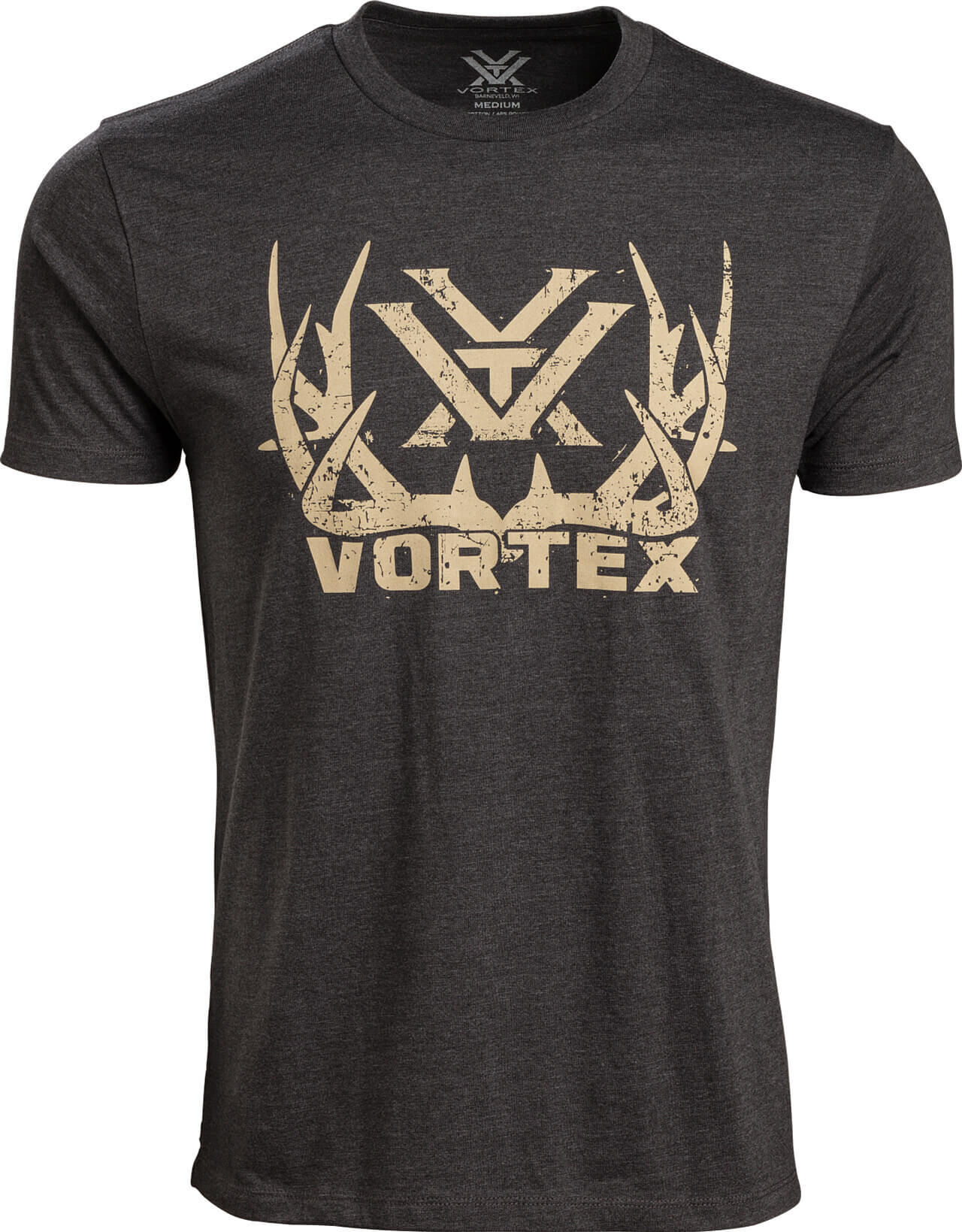 Schwarzes T-Shirt mit beigem Vortex-Logo auf der Vorderseite, Größe Medium