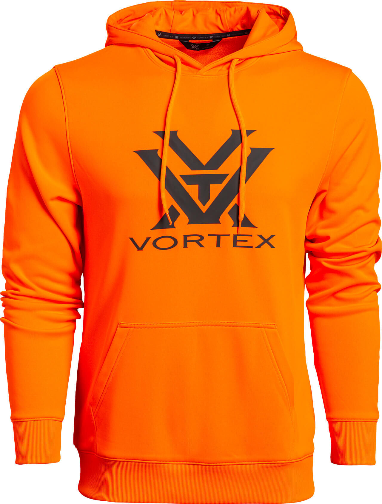 Leuchtend oranges Hoodie mit auffälligem Vortex-Logo auf der Vorderseite, Kapuze und Kängurutasche