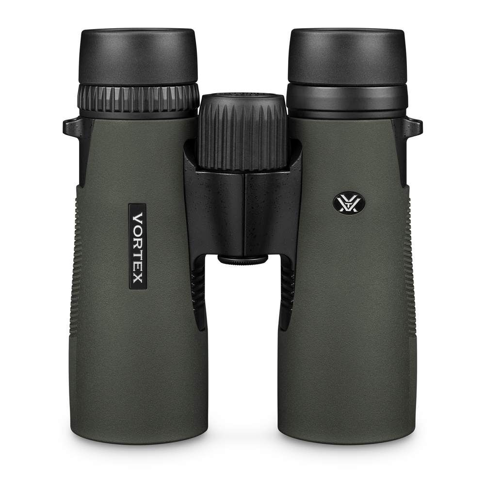 Grünes Vortex Fernglas mit schwarzem Mittelsteg und gummierten Griffen, ideal für Vogelbeobachtung und Wandern