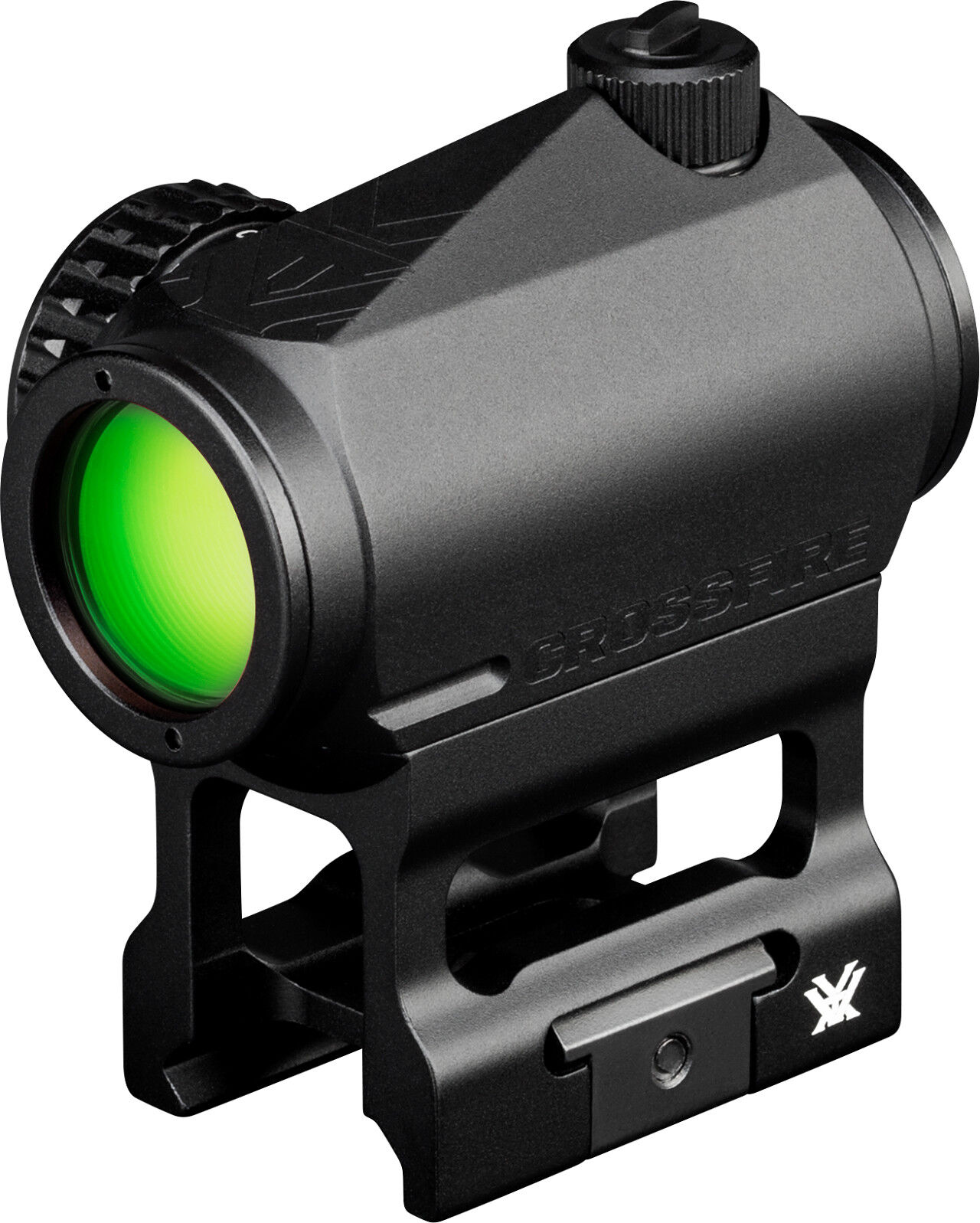 Seitliche Ansicht eines Vortex Crossfire Red Dot Visiers mit grünem Objektiv und schwarzem Gehäuse.