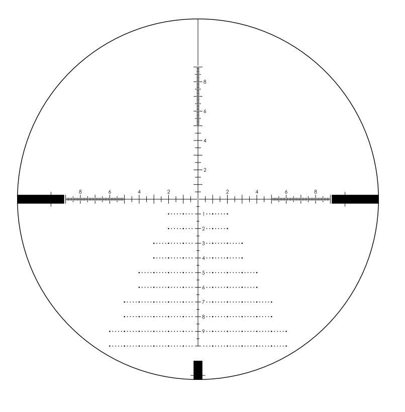 Kreisförmiges Zielfernrohr-Absehen mit horizontalen und vertikalen Skalen sowie Mil-Dot-Markierungen für präzises Zielen.