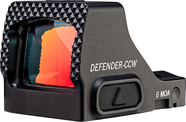 Seitliche Ansicht des Vortex Defender-CCW Rotpunktvisiers mit 6 MOA Leuchtpunkt für Kurzwaffen, robustes schwarzes Pistolen-Red-Dot
