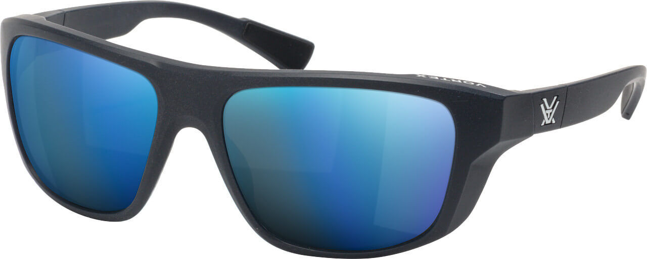 Sonnenbrille mit schwarzen Rahmen und blauen verspiegelten Gläsern