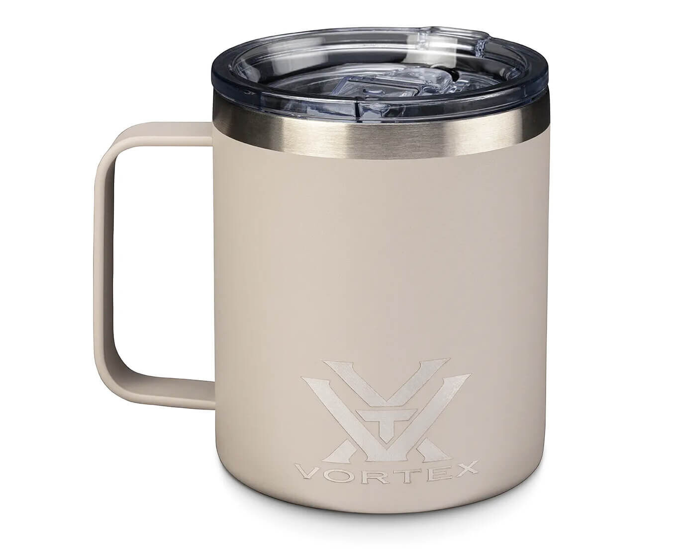 Beiger isolierter Becher mit Deckel und Griff, Markenlogo 'Vortex' auf der Vorderseite