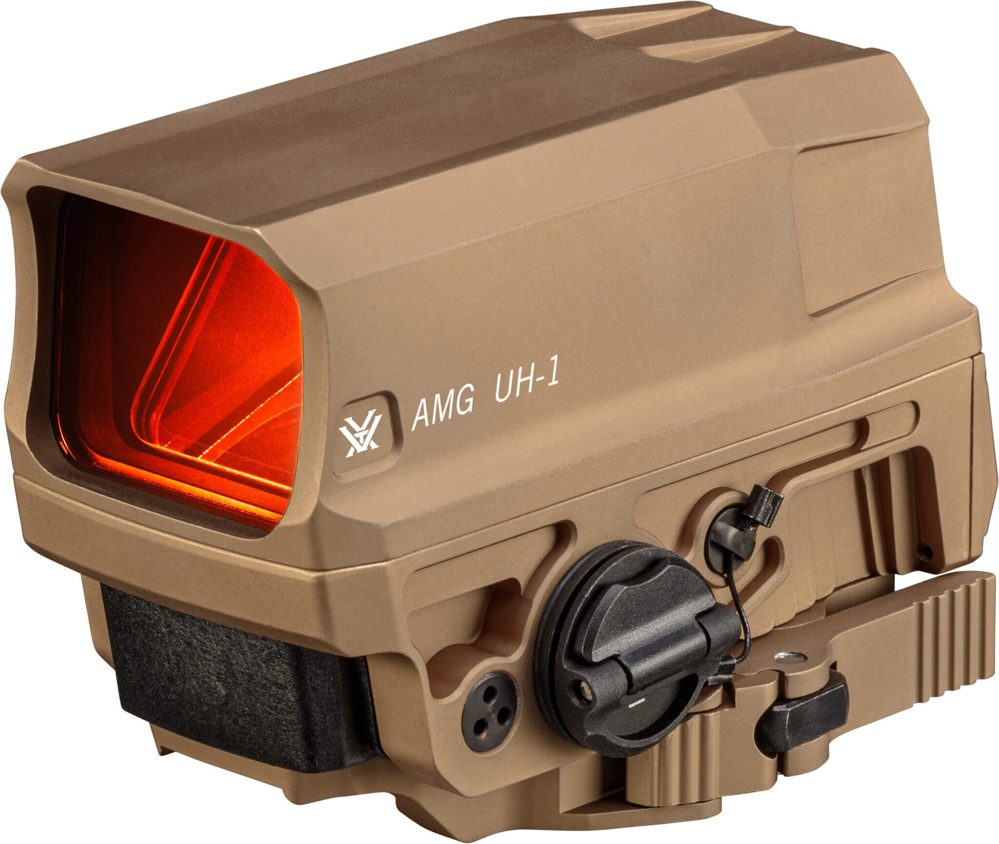 Detailansicht des braunen Vortex AMG UH-1 Holografischen Visiers mit leuchtendem roten Fenster
