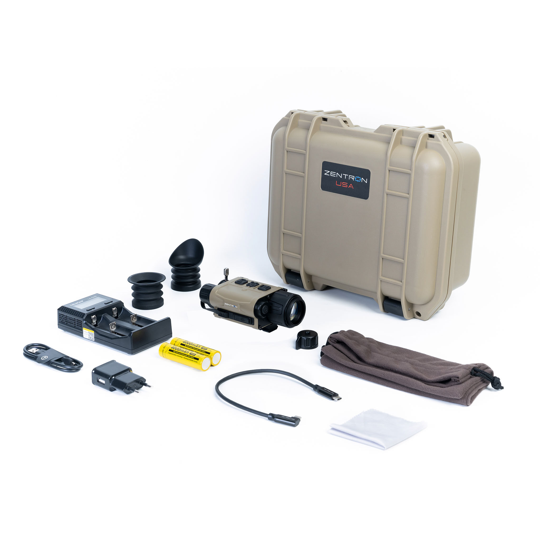 Komplettes Zentron USA Wärmebildkamera Set mit robustem Hartschalenkoffer, Wärmebild-Monokular, Ladegerät, Akkus, USB-Kabel, Okularaufsätzen, Schutztasche und Reinigungstuch
