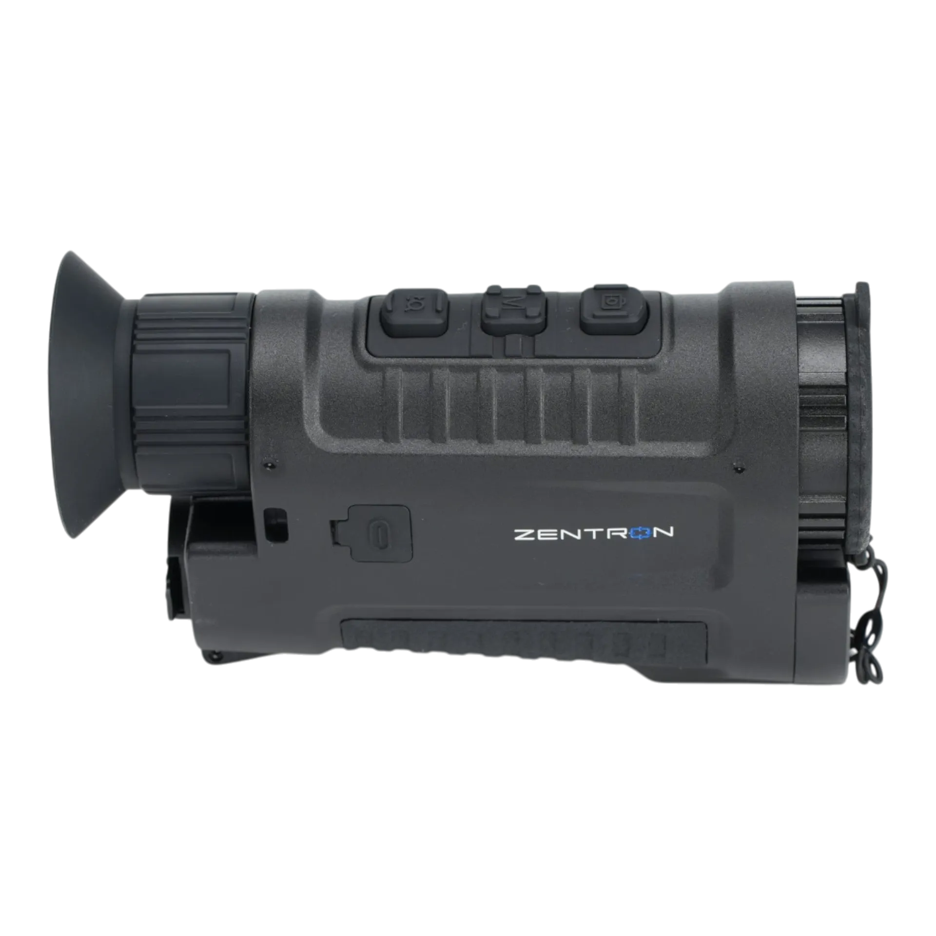 Seitliche Ansicht des schwarzen Zentron ZEN M6 Pro Wärmebildgeräts mit werkzeuglos wechselbaren 25, 35 und 50 mm Objektiven, 640×512 VOx-Sensor und Laser-Entfernungsmesser