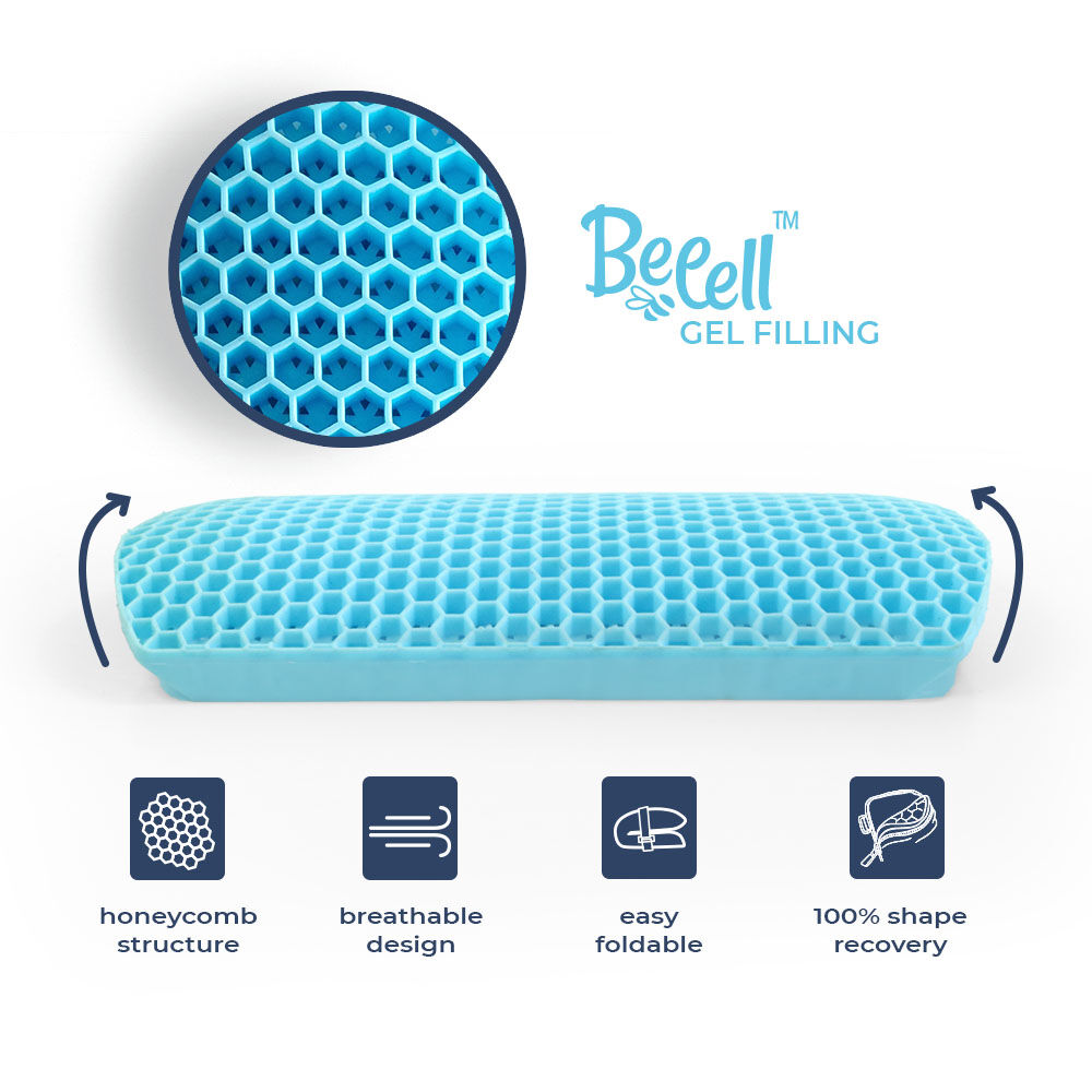 Ein blaues Gel-Kissen mit Bienenwabenstruktur für Atmungsaktivität und Formstabilität