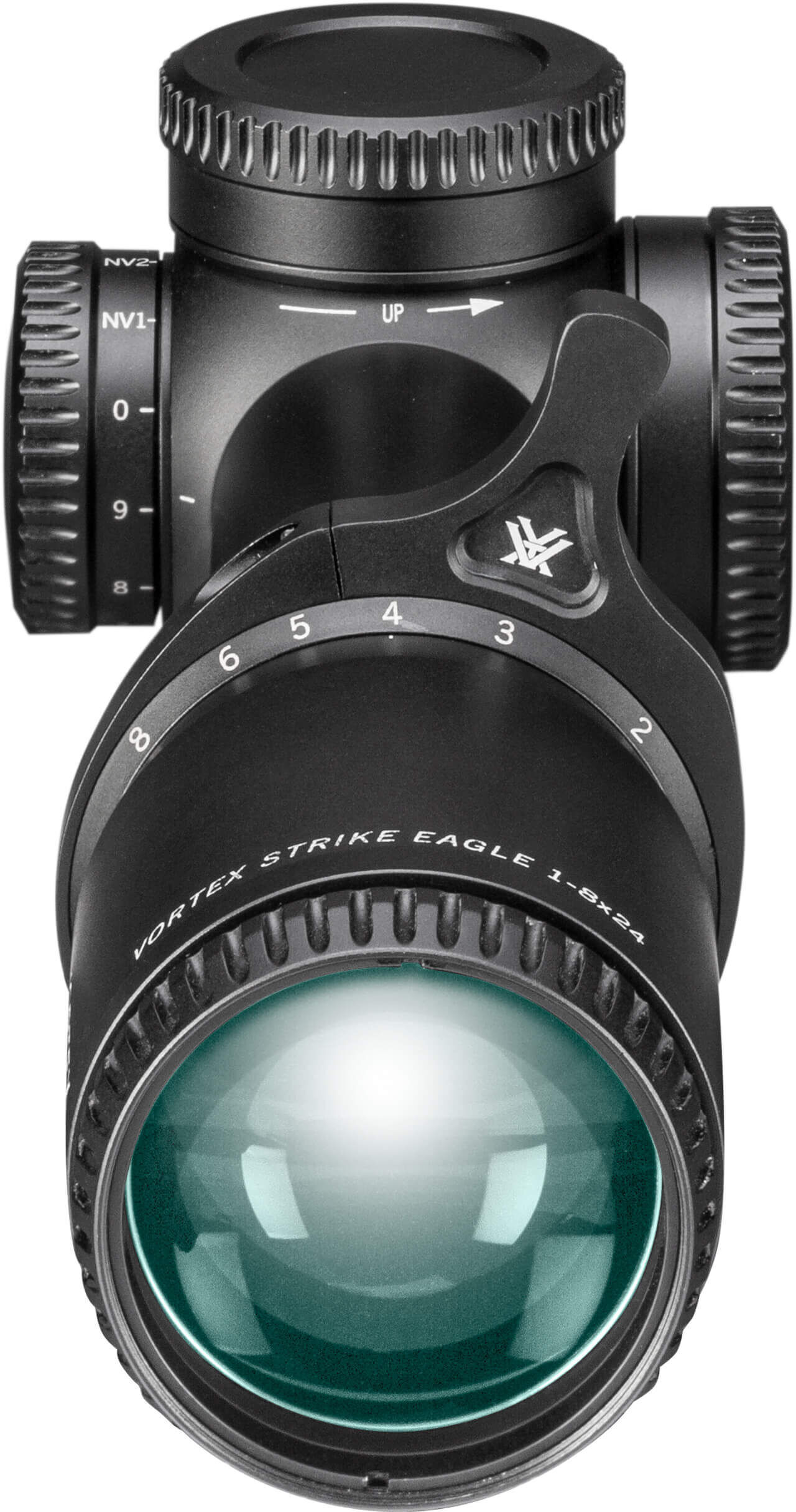 Nahaufnahme eines Vortex Strike Eagle 1-8x24 Zielfernrohrs mit Justierrädern