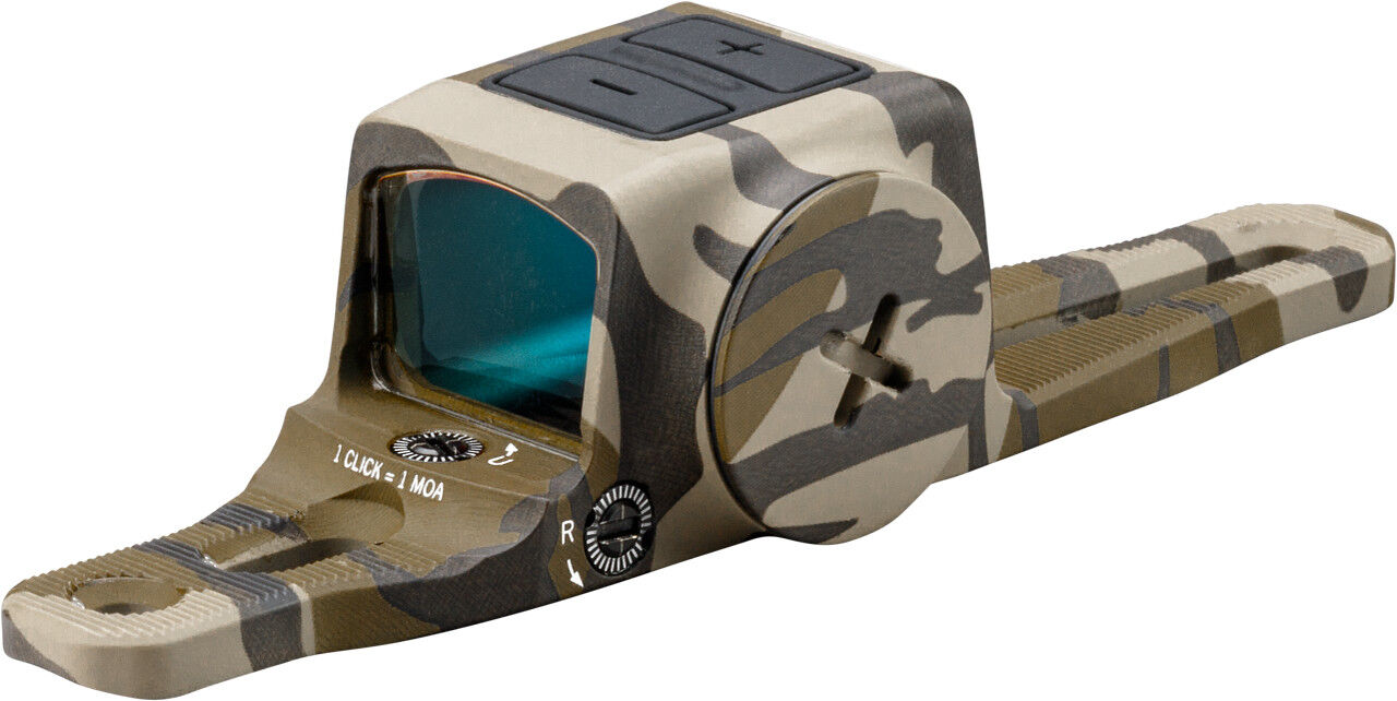 Kompaktes Rotpunkt-Reflexvisier in Camouflage-Optik mit verstellbarer Montagebasis und Bedientasten für Präzisionsschüsse