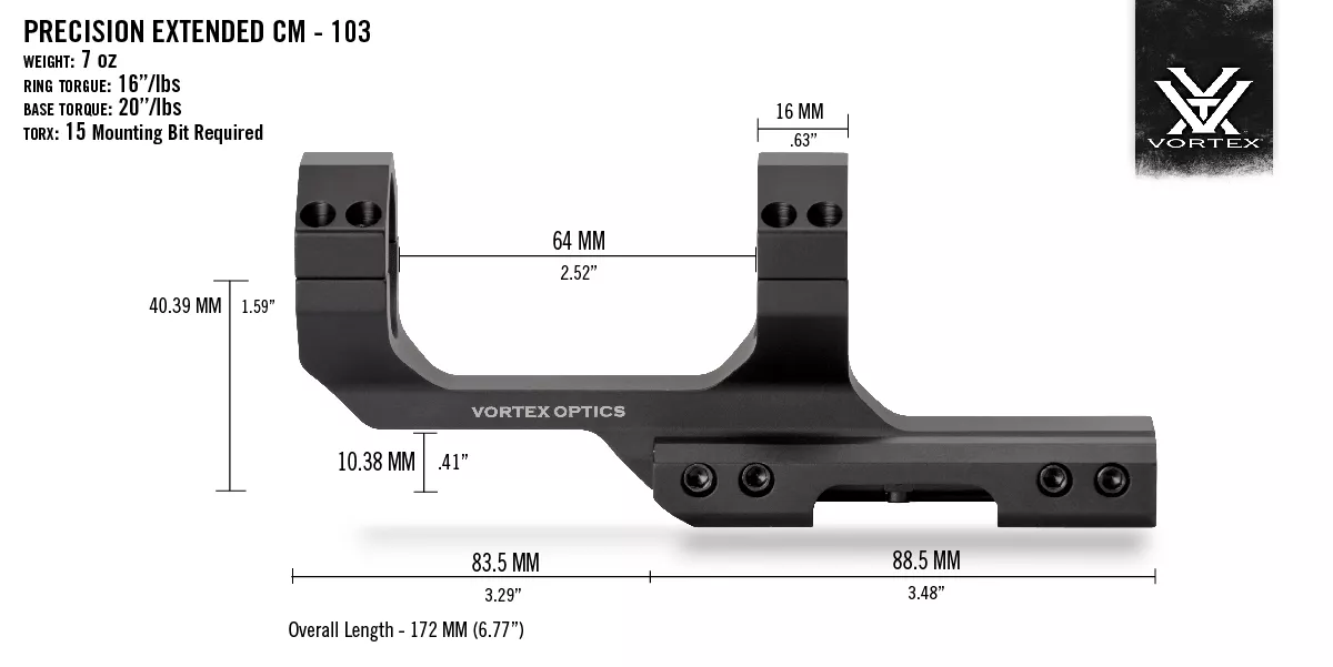 Schwarze Vortex Optics Precision Extended Montage mit technischen Maßen für Zielfernrohre.