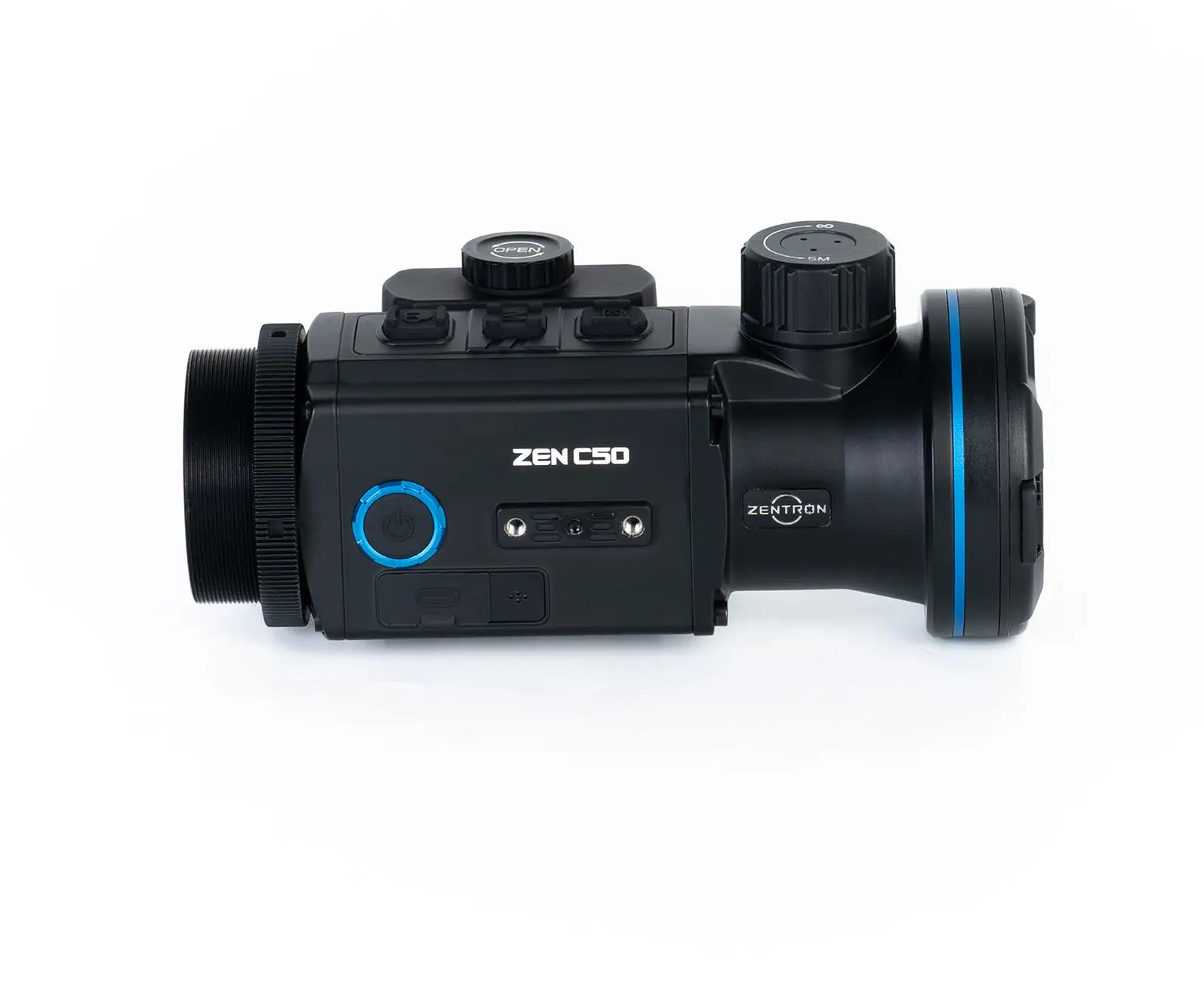 Produktfoto des Zentron ZEN C50 digitalen Nachtsicht-Zielfernrohrs, seitliche Ansicht mit Bedienelementen und blauen Akzenten