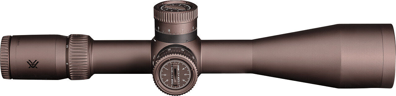 Ein braunes Zielfernrohr mit drehbaren Einstellungen zur präzisen Zielerfassung und Linsen für langes Sehvermögen