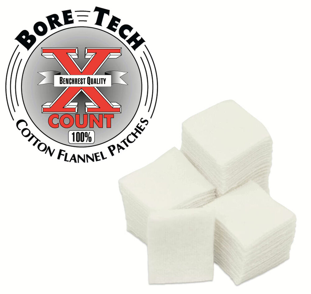 Bore Tech X-Count Baumwollflanell-Patches neben Logo, hochqualitative Reinigungstücher für Gewehre.