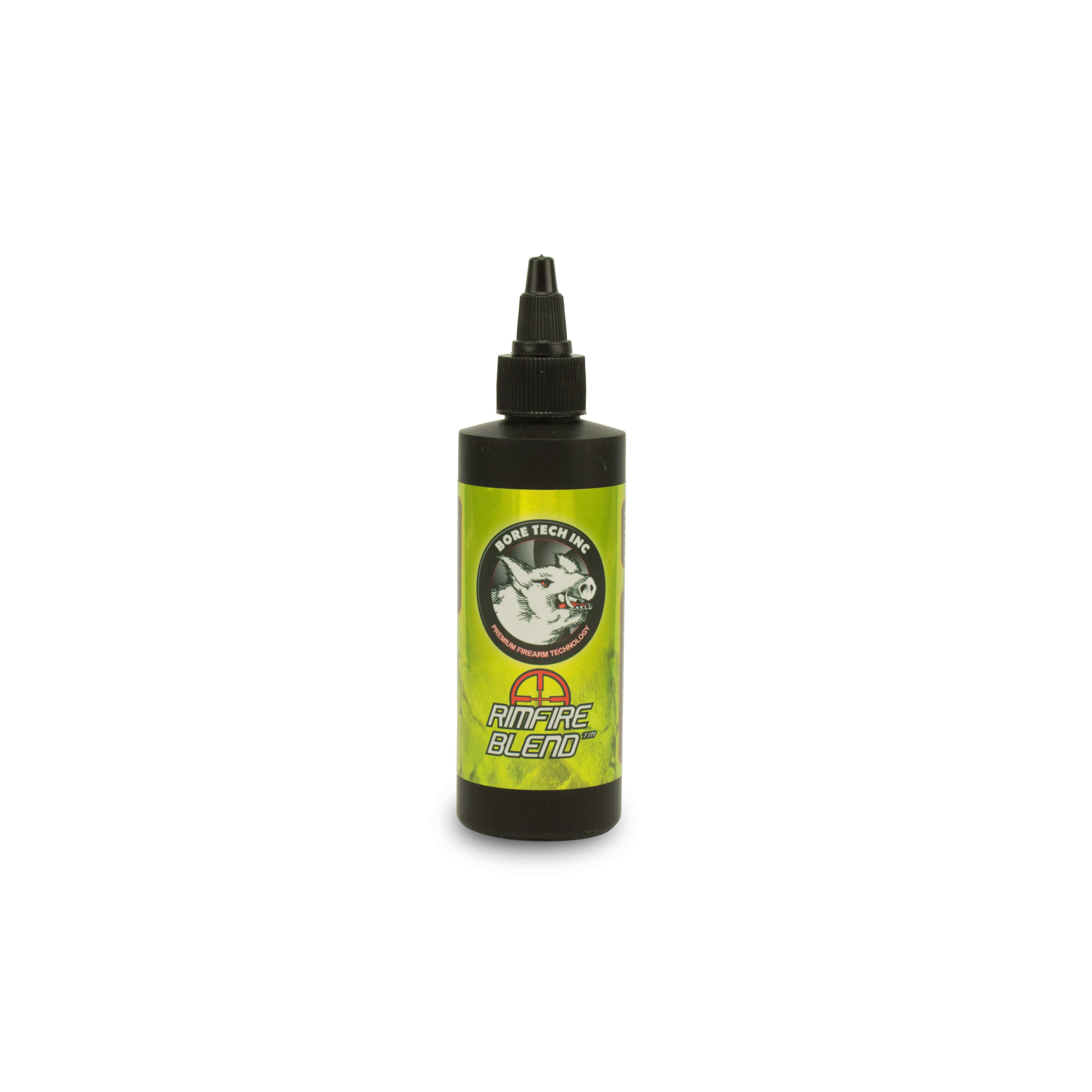 Eine Flasche Bore Tech Rimfire Blend Reinigungsflüssigkeit, 118 ml, mit grünem Etikett und schwarzem Verschluss