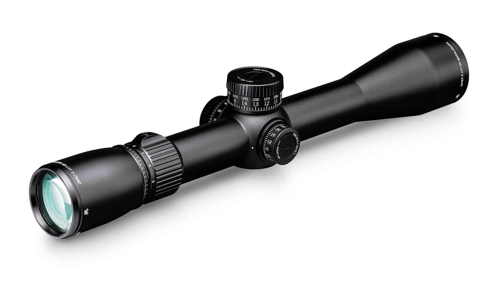 Schwarzes Zielfernrohr mit Vergrößerungseinstellung, ideal für präzises Zielen bei Jagd und Sportschießen.