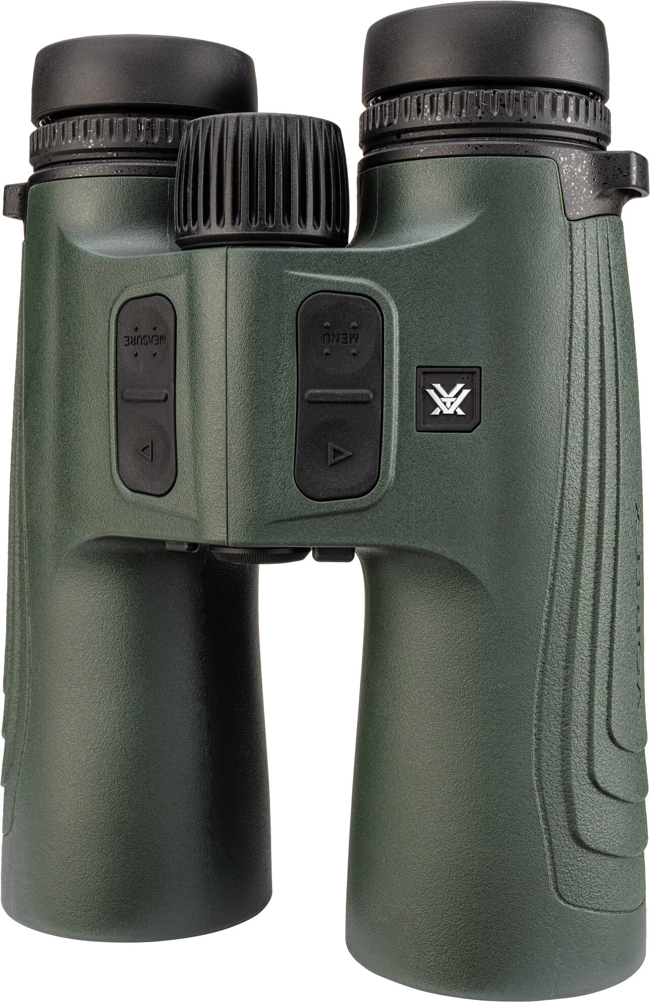 Frontansicht eines grünen Vortex Fernglases mit integriertem Entfernungsmesser, griffigem, gummiertem Gehäuse und großen Fokussierrädern für Jagd und Outdoor