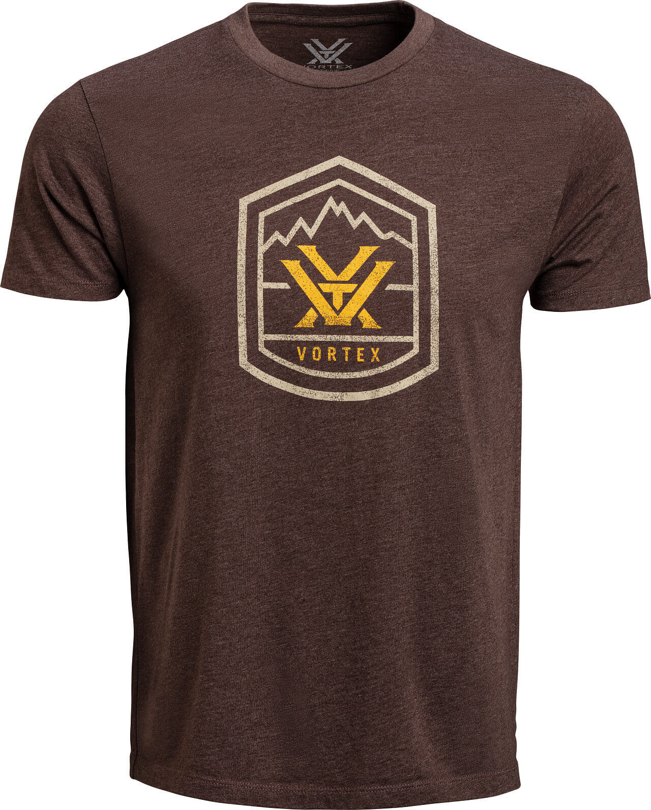 Braunes Vortex-T-Shirt mit gelbem Logo und Bergmotiv