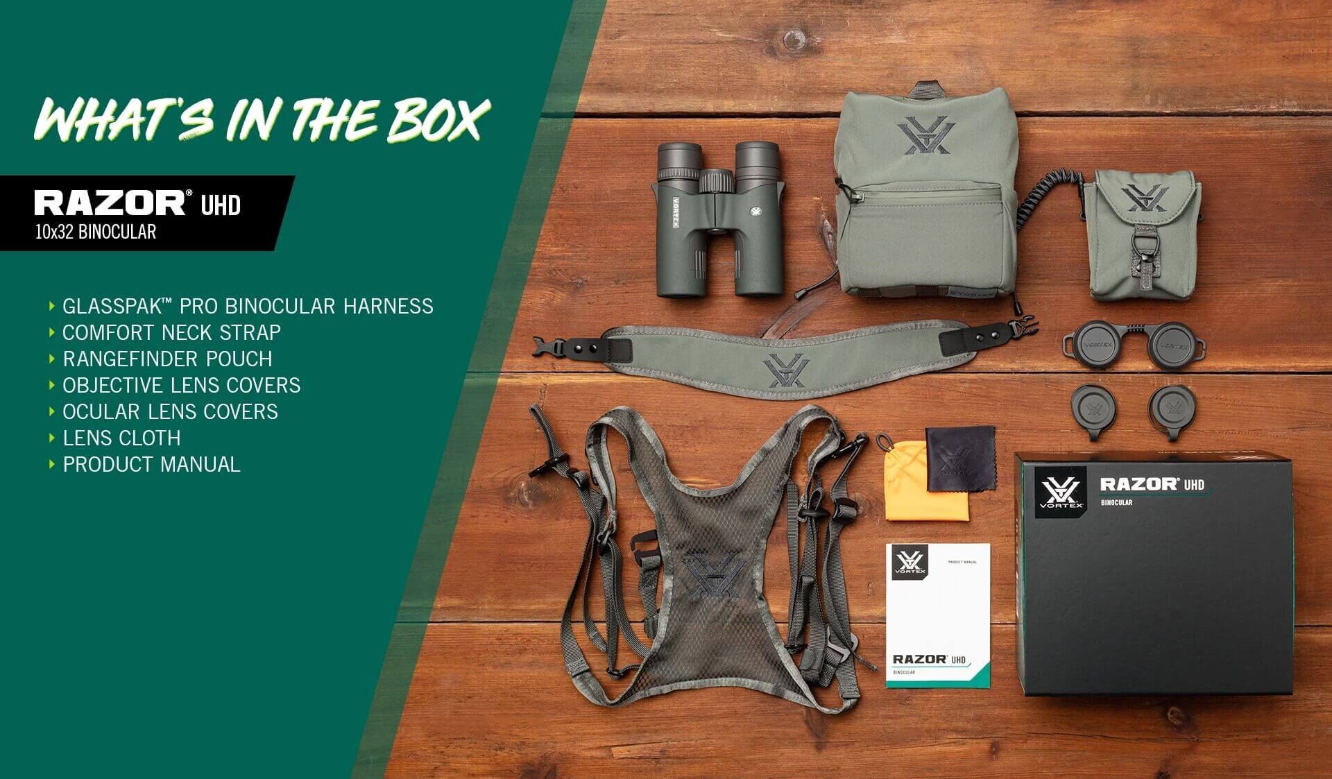 Inhalt des Vortex RAZOR UHD 10x32 Fernglaspakets: Fernglas, Tragegeschirr, Halsgurt, Tasche, Objektivkappen, Linsentuch und Anleitung.