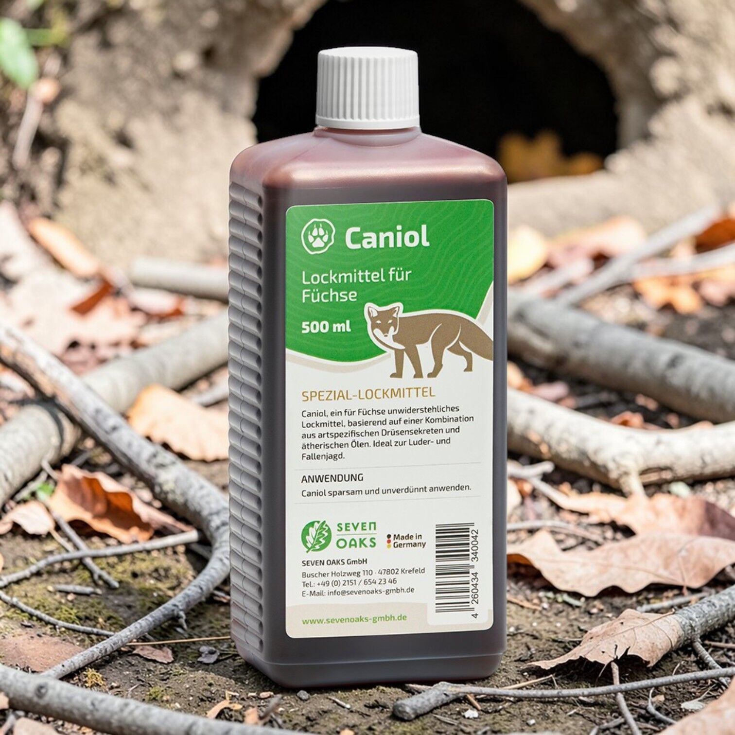 Flasche Caniol – Lockmittel für Füchse 500 ml von Seven Oaks, Spezial-Lockmittel mit artspezifischen Drüsensekreten und ätherischen Ölen für gezielte Fuchsanlockung bei Ansitz, Fährte und Fallenjagd