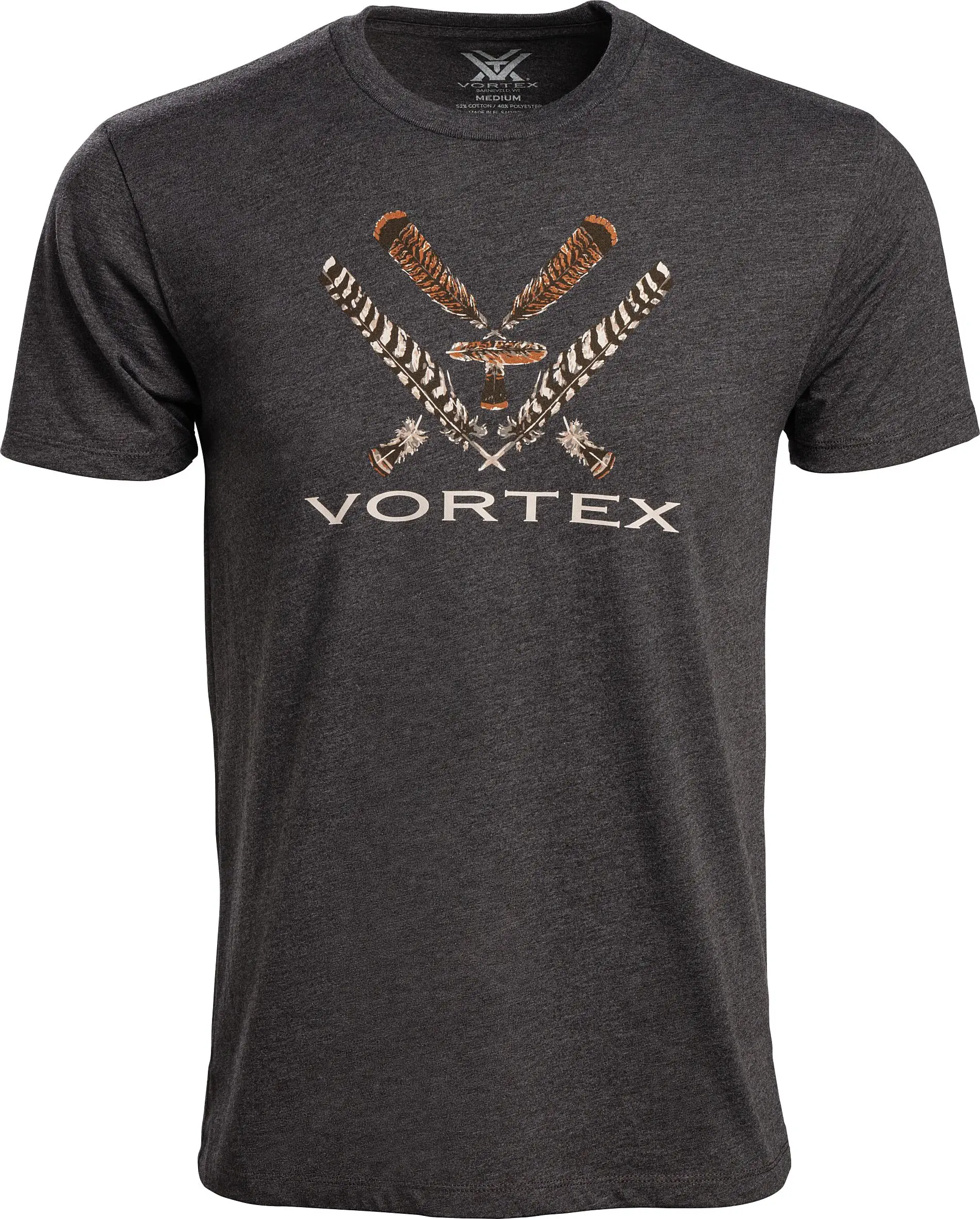 Dunkelgraues Vortex Herren T-Shirt mit gekreuzten Federn und mittigem Logo-Print auf der Vorderseite