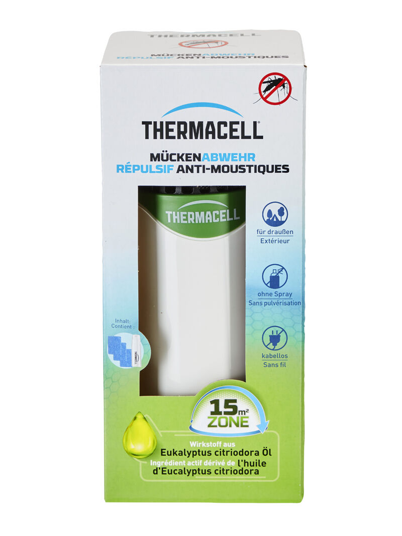 Verpackung des THERMACELL Mückenabwehr-Geräts mit Wirkstoff aus Eukalyptus citriodora Öl, kabellos, sprühfrei, für den Außeneinsatz auf 15 m²